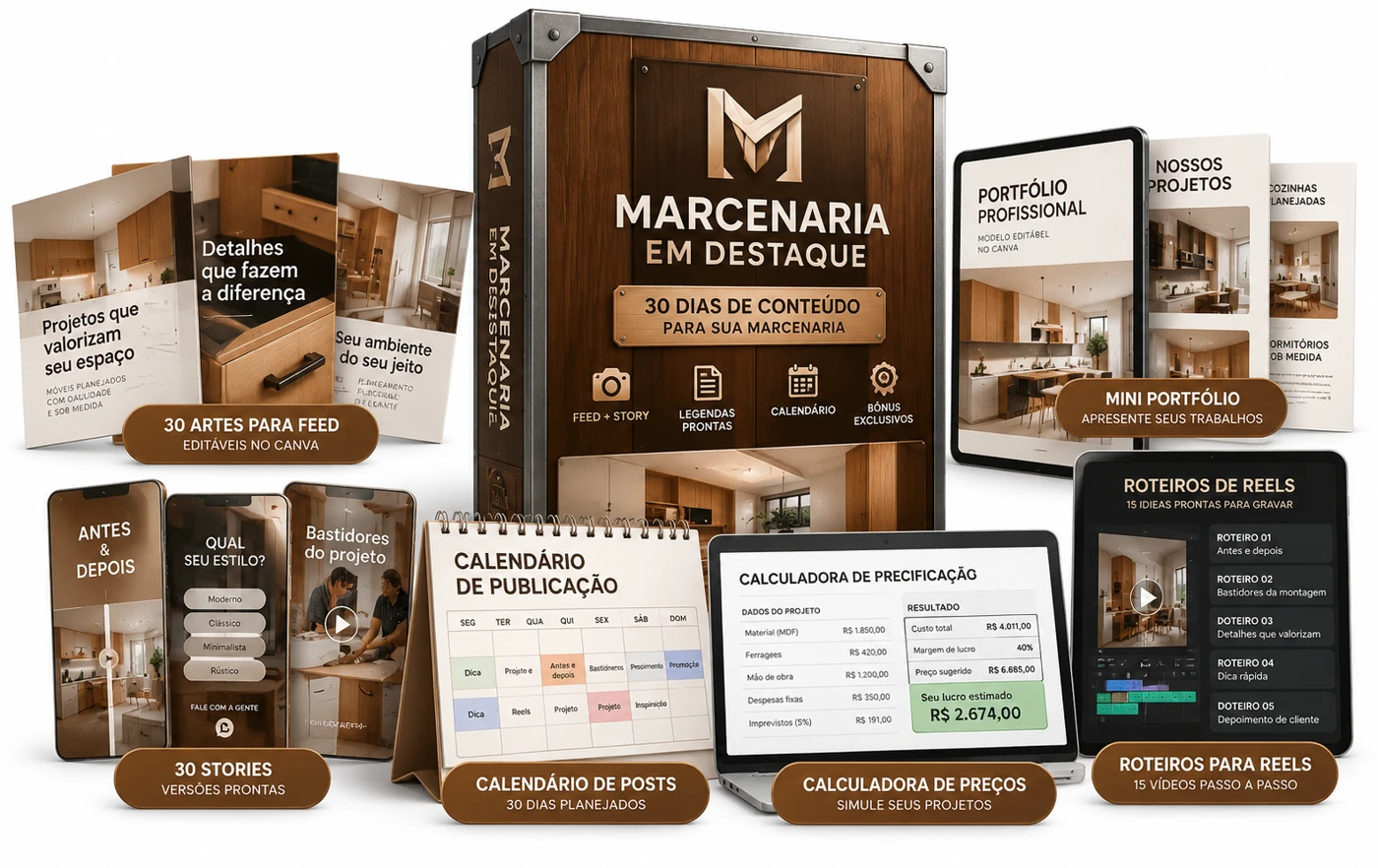 Kit completo Marcenaria em Destaque, com artes de feed e stories, legendas, calendário, calculadora, portfólio e roteiro para reels